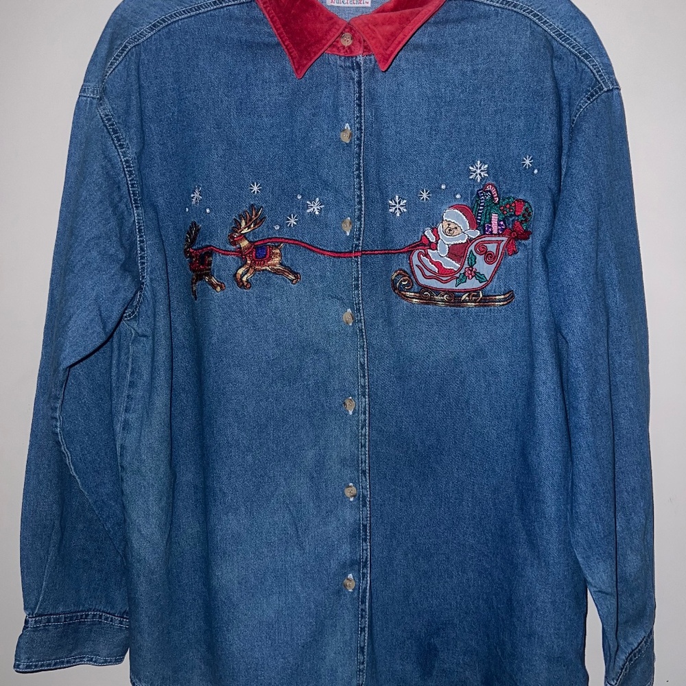 Nutcracker Y2K Corduroy Collar Denim Embroidered Button Down Christmas Santa